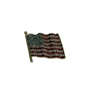 Vintage USA Flag Gold Tone Jewelry Brooch Crystal Rhinestone